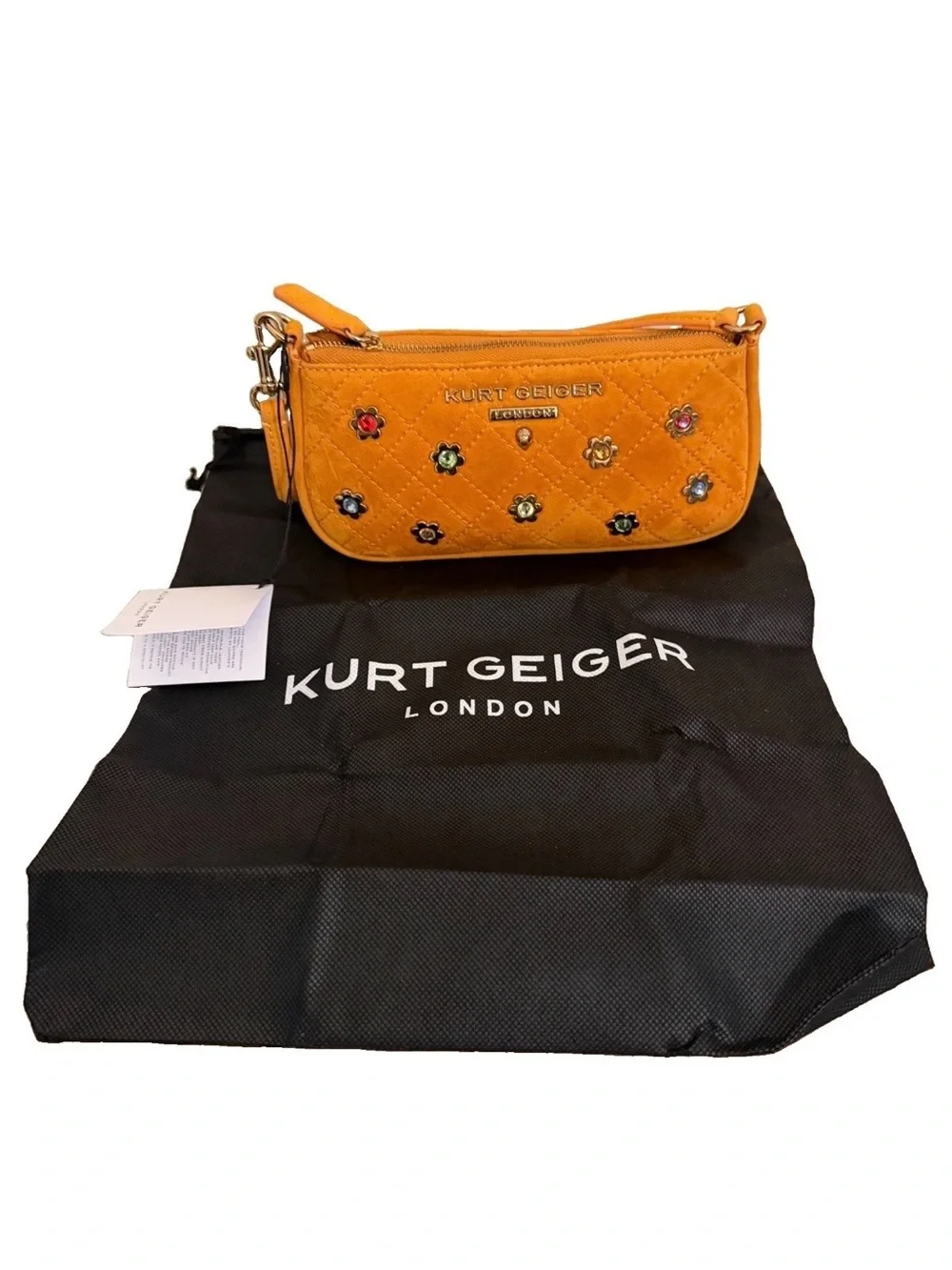 Kurt Geiger Yellow Quilted Suede Shoulder Bag with Floral Studs
